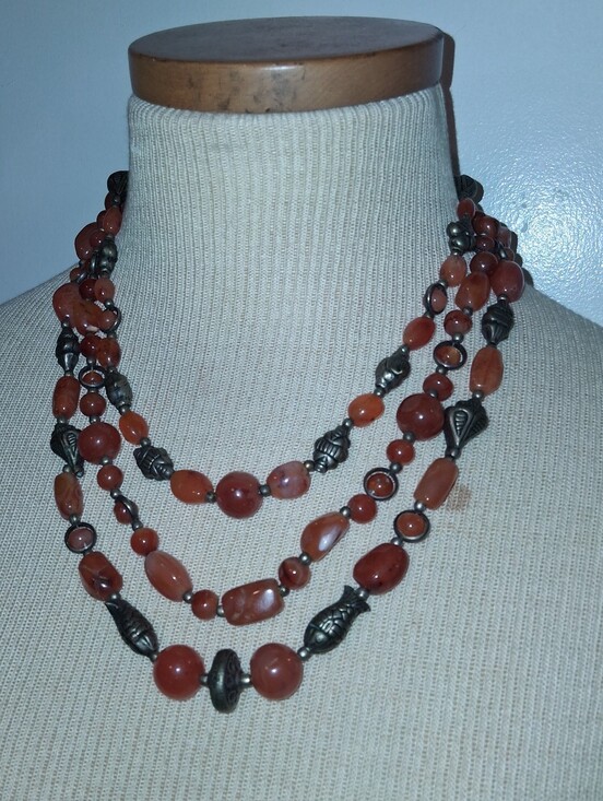 Vintage Jewelry - Vintage Multi-Strand Carnelian & Silver Necklace